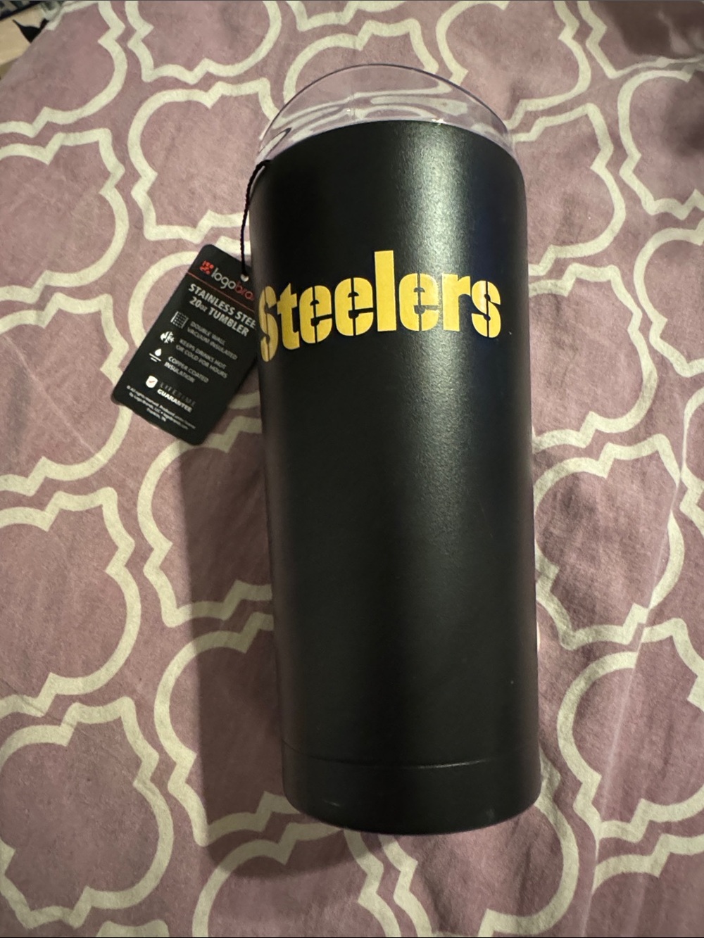 Black Steelers Stainless Steel Travel Tumbler with Clear Lid